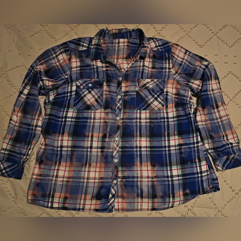 Bleach Distressed Blue Plaid Button Up Womens Shirt